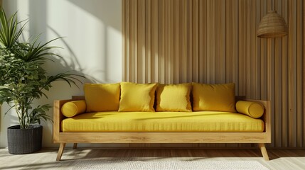 3D Rendering of a Wooden Sofa With Yellow Cushions in a Cozy Modern Living Room With Natural Lighting and Green Plants Creating Warmth and Style