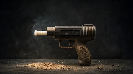 Toy gun ejects white foam. Dark background. Debris on surface