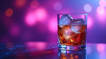 A glass of amber-colored spirit with ice cubes, set against a vibrant, blurred bokeh background.