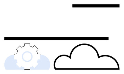 Cloud shape and gear symbolizing data integration, placed under minimalist horizontal lines. Ideal for technology, innovation, data storage, software, networking, modernization, flat simple metaphor