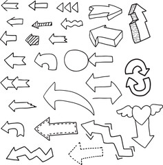 Obraz premium set of arrows drawn with black curved lines, dotted arrow, growth arrow, volumetric arrow, arrow with heart, circular arrow, double-sided arrow