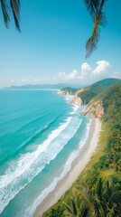 Tropical beach vista with turquoise water, white sand, and lush green hills under a bright blue sky