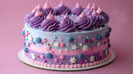 "Homemade birthday cake with colorful frosting and decorative candles on a solid background, a sweet treat for a festive event with a festive atmosphere."