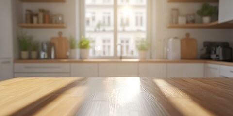 Fototapeta premium Bright and spacious kitchen with empty wooden countertop and natural light in modern home environment, product presentation background