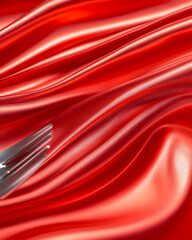 Red silk fabric, fork, elegant table setting, background blur