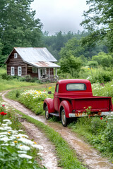 Red truck on rural road, cabin in background, flower garden, country life, postcard