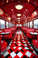 Retro Diner Car Interior Red booths, checkered floor, winter view