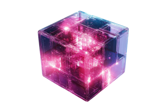 An ethereal crystal cube glows like a futuristic heart holding secrets of tomorrow its neon pink energy pulsing with life against a stark black backdrop digital art.