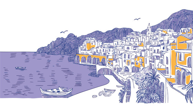 Beautiful summer european travel destination. Hand drawn style of south france or Italy coastline