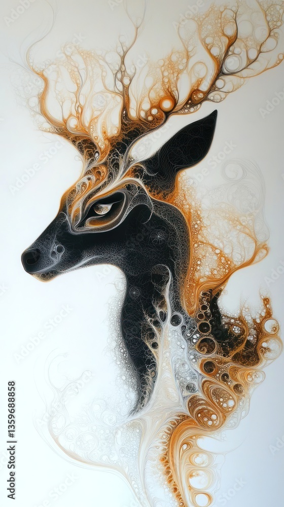 Poster abstract rendering of a deer with antlers resembling fractal patterns and diffusion