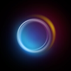 A vibrant circular light swirl appear against a dark backdrop, showcasing a blend of blue, purple, and orange hue, reflecting an artistic digital design atmosphere.