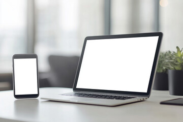Mobile phone and laptop on office desk with technology and business elements