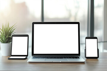 Fototapeta premium Mobile phone and laptop on office desk with technology and business elements