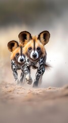Two painted dogs sprint, dust kicks up behind them on an African plain, focused and determined