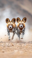 Two painted wolves dash across dusty terrain, staring intently at the camera