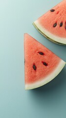 Two watermelon slices. Light pink fruit, black seeds, rind detail. Blue background