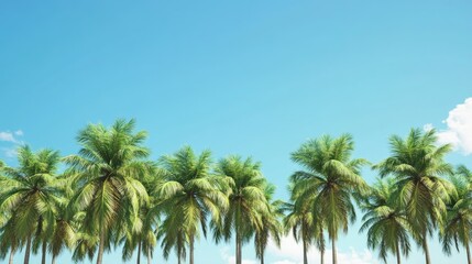 A tropical island scene with a row of coconut trees standing against a bright, cloudless blue sky.