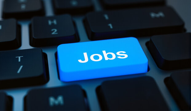 Illuminated "Jobs" Key on Keyboard – Symbol of Job Application for Career Opportunities and Recruitment Platforms  