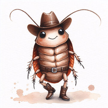 A surprisingly cute anthropomorphic cockroach illustrated in watercolor, wearing a tiny cowboy hat, small belt, and boots. Its thin legs confidently stand on the ground, 