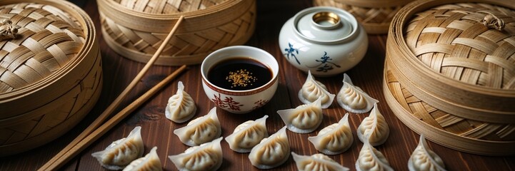 Fototapeta premium Delicious dumplings are arranged on a wooden table alongside a small bowl of dipping sauce. Bamboo steamers and chopsticks complete this inviting culinary display