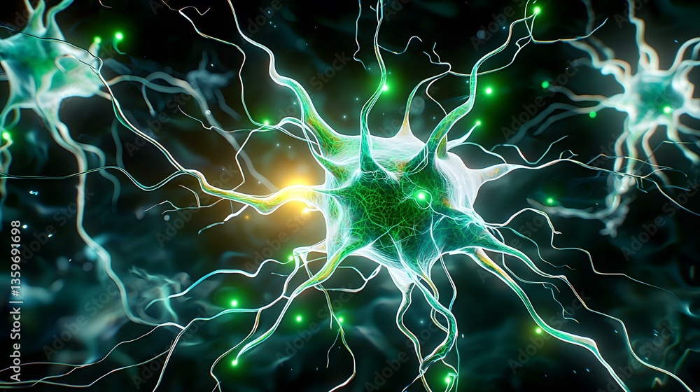 Aufkleber the image shows a microscopic view of neurons, with their intricate network of axons and dendrites, 
