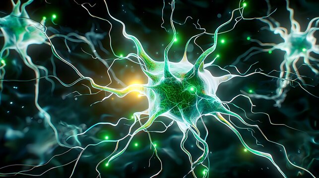 The image shows a microscopic view of neurons, with their intricate network of axons and dendrites, illuminated in vibrant greens and blues against a dark background.  Green nodes represent synapses.