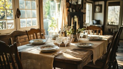 A warm, rustic dining room with a burlap tablecloth over a wooden table, featuring hand-painted plates and vintage glasses.
