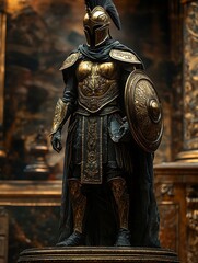 A golden and dark warrior is standing proudly with armor and shield