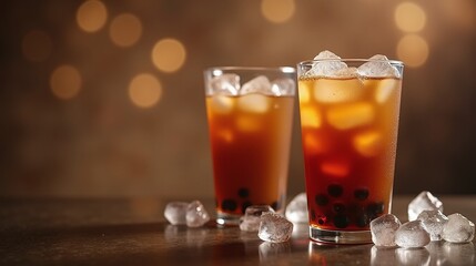 Two glasses of iced tea with tapioca pearls, on a table with scattered ice cubes, set against a softly blurred background.