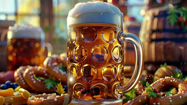 Oktoberfest celebration with beer, pretzels, and traditional Bavarian attire on October 3rd
