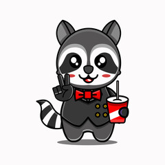 Charming Raccoon in Tuxedo with Drink, Vector Illustration, Perfect for Party Invitations and Celebration-Themed Designs.