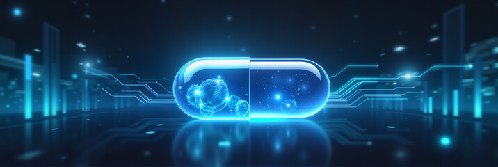 Fototapeta premium Digital Pill Icon – Glowing Capsule With Floating Data Streams for Pharmaceutical Innovation and Online Medicine Concepts 
