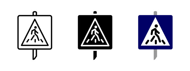 Pedestrian crosswalk icon. Road safety vector illustration. Traffic regulation symbol for urban walking areas and transportation signals. Street crossing pictogram. Caution and mobility sign.