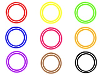 Glowing neon circle frame with spiral effect and abstract lines, creating a futuristic look on a white background. Red, yellow, green, blue, pink, orange, purple, brown, black.