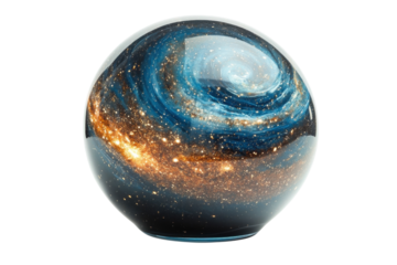 Exploring the Cosmic Ocean within a Glass Orb a mesmerizing journey through swirling galaxies and distant stars with a smooth reflective surface and dark backdrop.