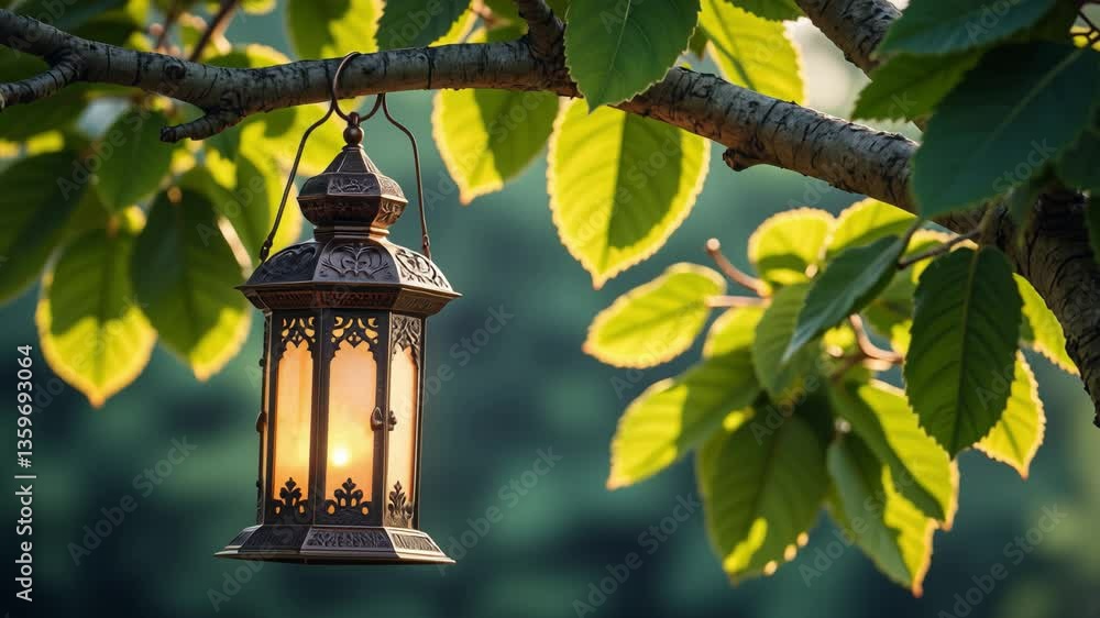Poster elegant decorative lantern hanging from a tree branch surrounded by lush green leaves, glowing softl