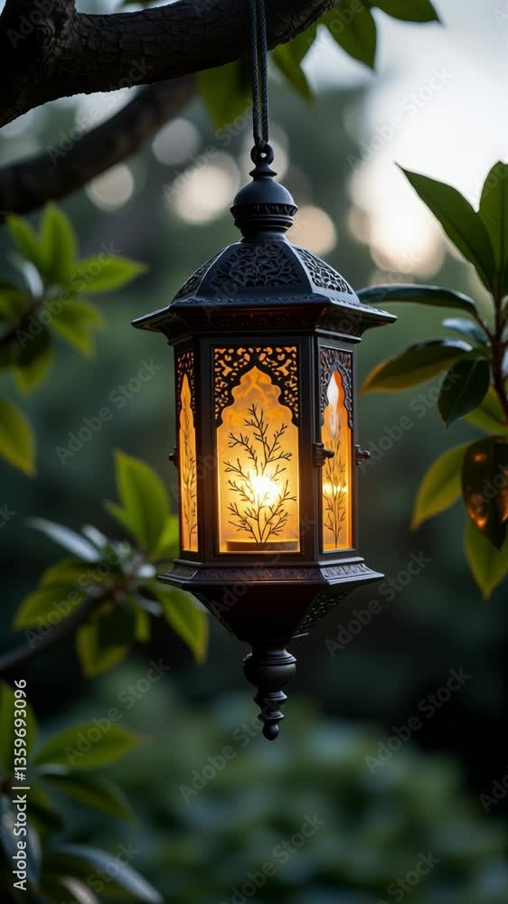 Poster elegant decorative lantern hanging from a tree branch surrounded by lush green leaves, glowing softl