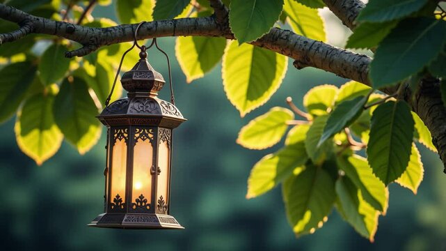 Elegant decorative lantern hanging from a tree branch surrounded by lush green leaves, glowing softly in the evening light, creating a serene ambiance