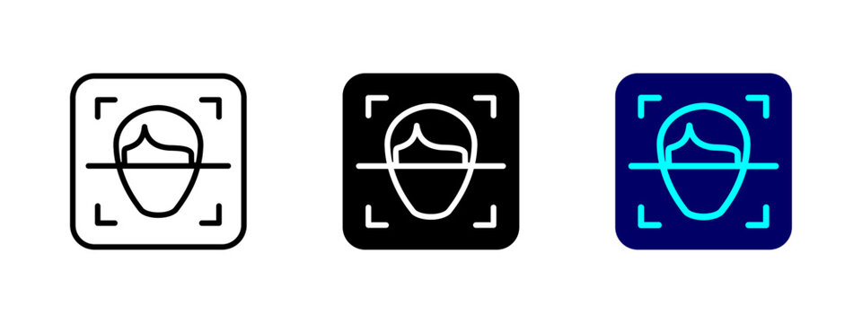Face scan icon. Biometric recognition vector illustration. Digital identity verification symbol for security and authentication. Facial detection pictogram. AI-driven access control sign.