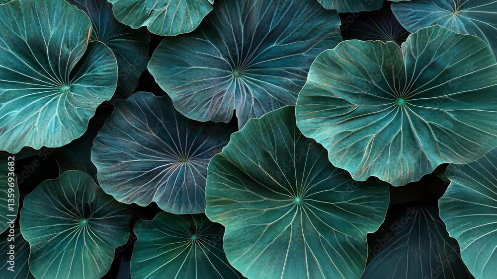 Poster lush green leaves create a vibrant and calming background in a tropical setting near a serene water 
