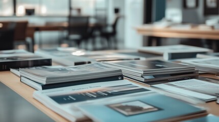 A table displaying various magazines and brochures for brand creation concept in advertising agency, high-resolution 8K realistic composition with blurred background and professional studio lighting. 