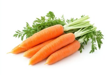 Several fresh carrots arranged with their green leafy tops