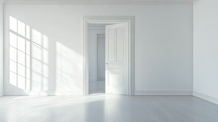 Bright light shining through an open door portal, illuminating the clean, bare walls of an empty room.