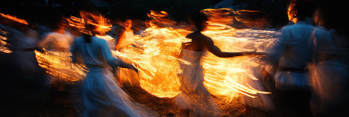 Motion Blur Photograph of People in White Dresses Surrounding Fire