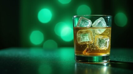 A glass of amber liquid with ice cubes against a bokeh-green backdrop.