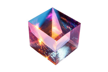 Radiant prism capturing ethereal starlight a mystical cube reflecting cosmic wonders illuminating existence with soft ethereal light on pure black background