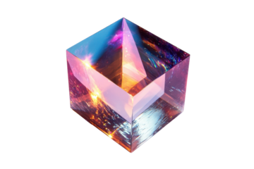 Radiant prism capturing ethereal starlight a mystical cube reflecting cosmic wonders illuminating existence with soft ethereal light on pure black background