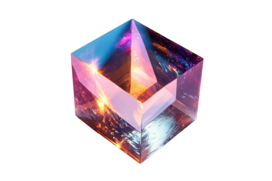 Radiant prism capturing ethereal starlight a mystical cube reflecting cosmic wonders illuminating existence with soft ethereal light on pure black background