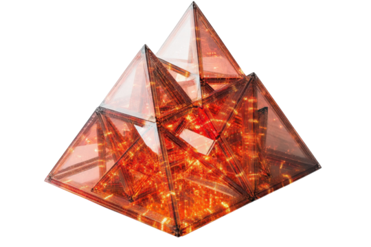 Radiant geometric dreamscape sparkling within crystal pyramids illuminating the darkness a modern abstract structure with high contrast and vibrant copper hues.