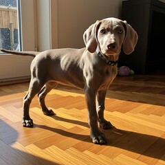 Weimaraner Puppy with Silver Coat Standing on a Wooden Floor – Curious and Elegant